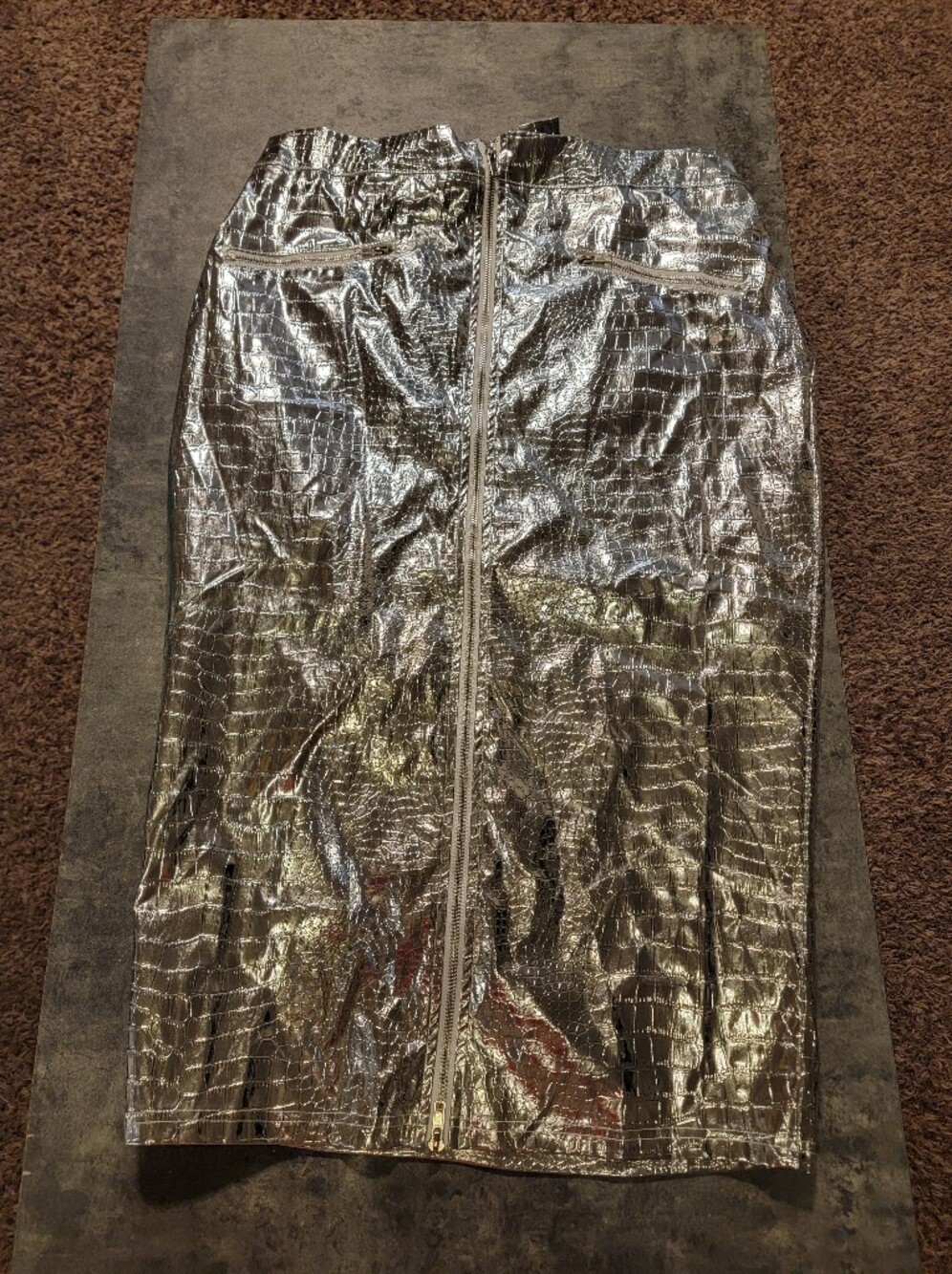 REBDOLLS Metallic Front Zip Midi Skirt